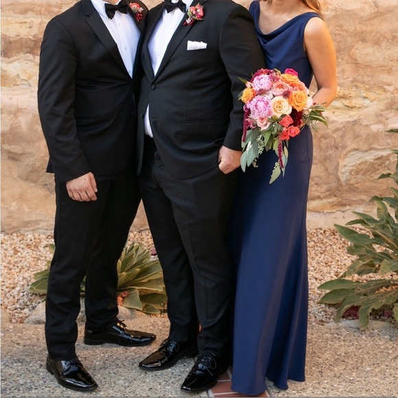 Jenny Yoo Madelyn Crepe De Chine Maxi Dress Gown in Navy Blue Sz 0 - Picture 4 of 16